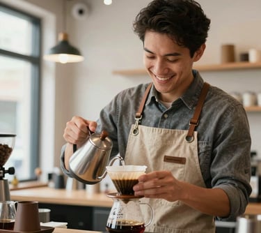Portrait of a smiling professional barista in a North American cafe, wearing a clean canvas apron over a stylish shirt, preparing a pour-over coffee with focused precision in a bright, modern setting.