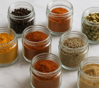 An aesthetic, commercial photograph of various South Asian spices in small glass jars on a white marble surface, demonstrating clean and modern packaging standards for global trade.