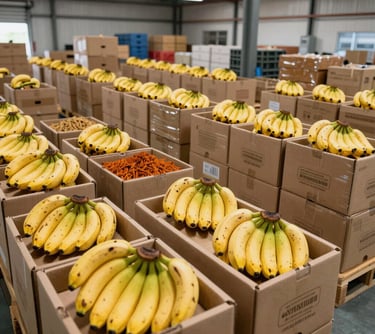 A well-lit, modern warehouse facility in South Asia showing carefully packaged boxes of fresh bananas and spices ready for international export, highlighting professional logistics.