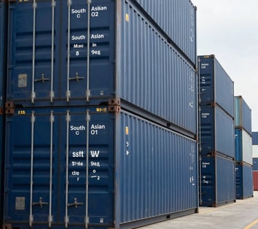 A sharp, clear photograph of a line of navy blue shipping containers stacked at a maritime terminal, representing the logistical strength and global export capabilities of a South Asian enterprise.