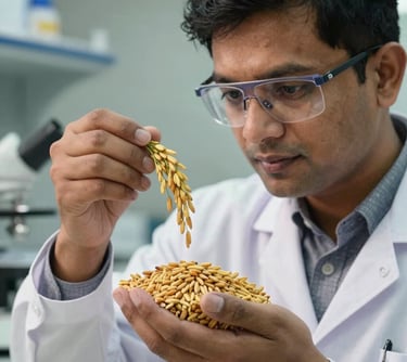A professional close-up photograph of a scientist in a clean South Asian laboratory environment inspecting the quality and purity of golden rice grains, symbolizing food safety and FSSAI standards.