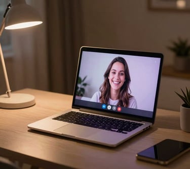 A warm, dimly lit North American home office at night. A laptop is open showing a friendly video call interface with a smiling person. Soft lavender and gold light glows from the screen, creating a sense of safe connection.