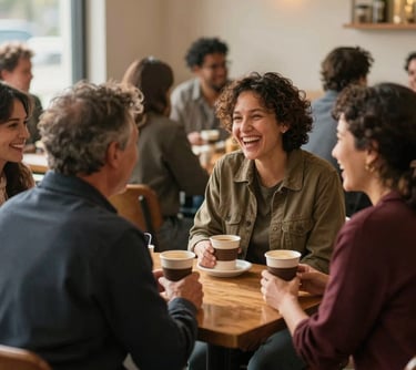 A North American community setting where a diverse group of people is engaged in a heartfelt, laughing conversation over coffee. The atmosphere is warm and golden, emphasizing belonging and shared joy.