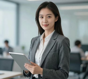 A professional portrait of a woman in a smart blazer, holding a digital tablet. The background is a blurred office with #9EB7C2 tones, suggesting a focus on distribution and modern logistics.