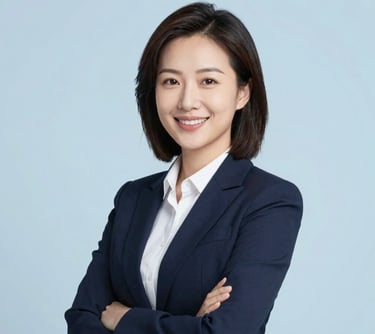 A professional portrait of a woman in business attire, smiling warmly against a soft blue (#EBF2F6) background. The style is modern and high-end, representing a corporate leader in the education sector.