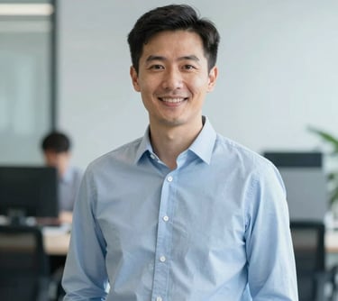A professional portrait of a man in a modern workspace. He has a friendly expression and is dressed in professional casual attire. The lighting is clean and bright, incorporating #0A1C2C and #EBF2F6.
