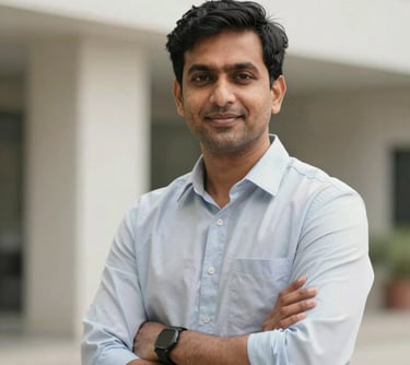 A professional headshot of a male consultant in a South Asian / Global environment, with a confident posture and friendly expression, set against a light-colored, architectural background.