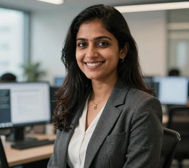 A professional portrait of a female SEO expert in a South Asian / Global modern office setting, smiling warmly, wearing smart business attire, with a soft-focus background of a digital workspace.