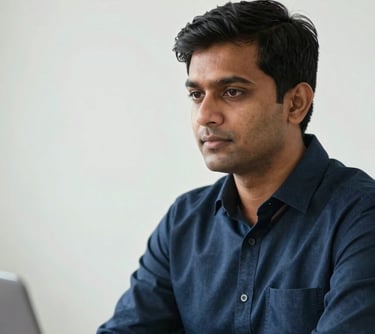 A professional portrait of a male digital marketer in a South Asian / Global setting, looking focused and knowledgeable, wearing a crisp navy shirt, against a bright and clean studio backdrop.