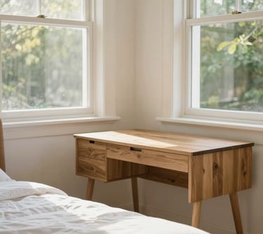 Bright sunlit single occupancy room with custom ergonomic oak study desk, premium white linens, warm natural afternoon light streaming through large windows, 35mm photography