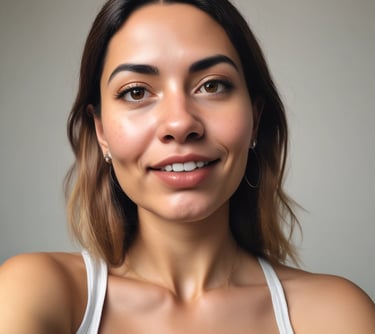 mujer sonriente con tirantes y cabello castaño al hombro
