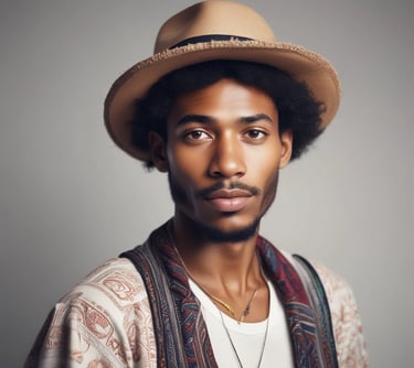 hombre afrolatino con barba corta sombrero de paja y chaleco boho