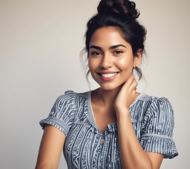 Mujer sonriente con un chongo de cabello oscuro que lleva un vestido azul de estilo bohemio