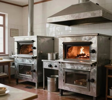 A vintage-style photograph of a traditional Spanish culinary school kitchen in Girona, with white tiles and classic steel ovens, soft natural light, Southern European historical feel.
