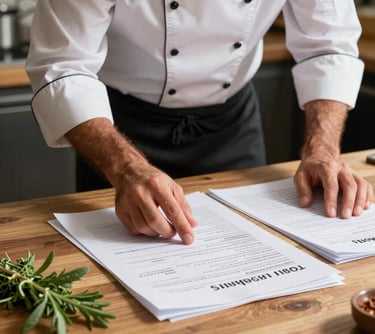A dynamic shot of an executive chef's hands reviewing spreadsheets and kitchen plans on a wooden desk with fresh herbs nearby, bright and energetic lighting, Southern European island context.