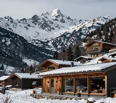 A serene landscape of the Pyrenees mountains in Andorra during winter, with modern architectural lines of a quiet studio, elegant and peaceful photography.