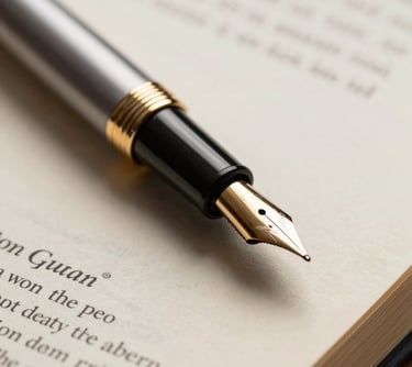 A macro shot of a fountain pen resting on a published book, with warm lighting and a sophisticated literary feel, Southern European style.