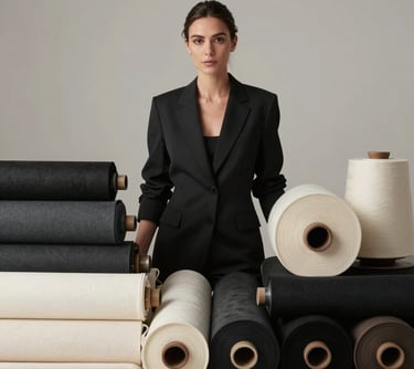 A professional studio portrait of a female professional in a minimalist setting. She is surrounded by neatly organized rolls of fabric in dark charcoal and soft cream colors.