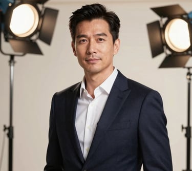 A professional studio headshot of a male sourcing expert in a sharp outfit. The background is a clean, modern studio in soft cream tones with professional lighting.