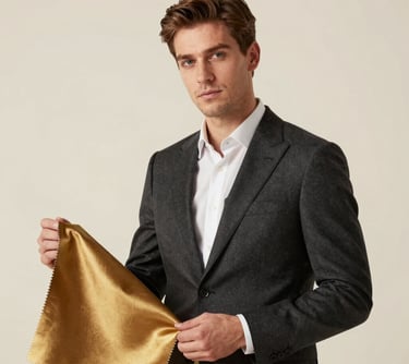 A professional studio portrait of a male designer in a dark charcoal suit against a soft cream background. He holds a swatch of deep gold fabric. Refined and modern style.