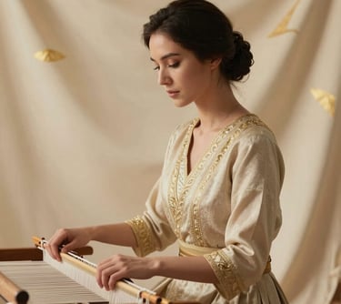 A professional studio portrait of a female weaver in elegant attire. Soft, warm lighting from the side. Soft cream background with subtle deep gold fabric textures visible.