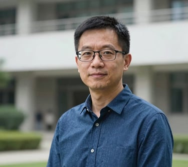 A professional portrait of an East Asian male academic expert in a refined East Asian / Hong Kong / Greater Bay Area campus setting, wearing a Steel Blue shirt and glasses.