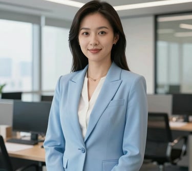 A professional portrait of an East Asian female consultant in a bright East Asian / Hong Kong / Greater Bay Area office setting, dressed in business attire with Sky Blue accents.