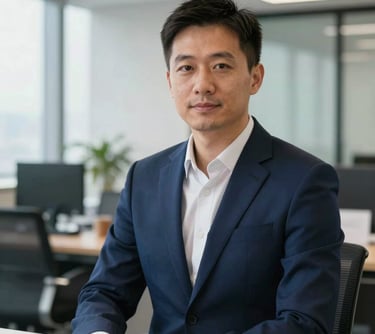 A professional portrait of an East Asian male executive (representing Akang) in a modern East Asian / Hong Kong / Greater Bay Area office, wearing a Deep Navy Blue blazer, radiating expertise and trust.