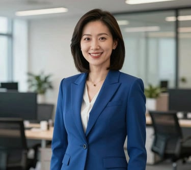 A professional portrait of an East Asian female expert in a modern East Asian / Hong Kong / Greater Bay Area office, wearing a Steel Blue business suit, smiling confidently at the camera.