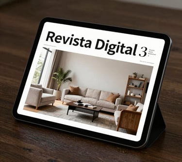 A portrait-oriented tablet screen showing a virtual real estate magazine with the title 'Revista Digital', displaying a minimalist layout of a modern South American living room.