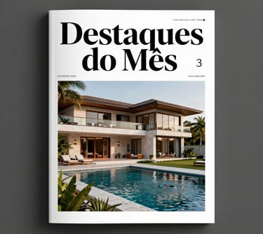A high-quality magazine cover mockup titled 'Destaques do Mês' featuring a stunning luxury villa in a Brazilian coastal setting, styled with elegant typography and professional real estate photography.