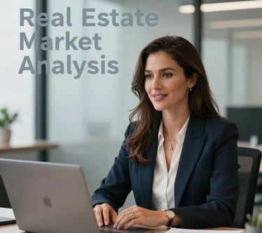 A video thumbnail showcasing a professional real estate market analysis, with Erika Gemus in professional attire in a modern office, including clean text overlays in light gray.