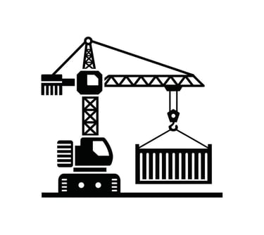Black and white tower crane icon lifting a shipping container for logistics and construction.