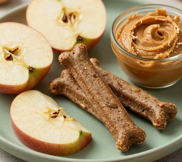A high-quality photography shot of organic dog treats and fresh ingredients like sliced apples and peanut butter on a muted green plate, emphasizing a healthy lifestyle.