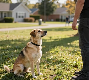 A crisp photograph of a dog sitting patiently in a sunlit park, looking at its owner during a training session in a typical North American suburban park.