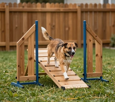 An action shot of a dog happily navigating an agility course in a North American backyard, with vibrant muted green grass and warm brown wooden fences.
