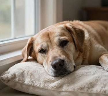 A heartwarming photo of a senior dog resting its head on a soft light cream blanket, looking peacefully out a window in a warm North American home.