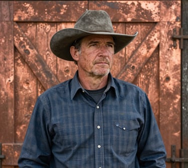 A portrait of a local rancher in a slate grey hat standing against a weathered copper-toned barn door. The lighting is crisp and natural, highlighting the textures of the wood and the ruggedness of the subject.