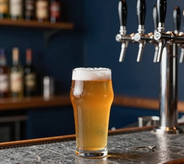 A close-up of a local brewery taproom. The scene features deep navy bar accents, slate grey stone, and golden-hued beer in a glass. The atmosphere is warm, social, and inviting.