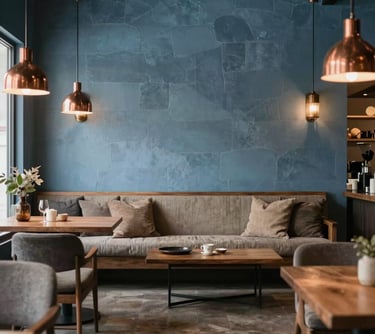 A lifestyle photograph of a boutique interior in Bozeman, featuring slate blue walls, warm copper light fixtures, and earthy neutral decor. The space looks modern yet rooted in rustic charm.