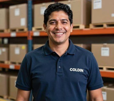 Portrait of a professional man in a South American / Latin American logistical center, wearing a professional polo shirt, standing in front of organized shelves with a friendly expression, navy blue accents.