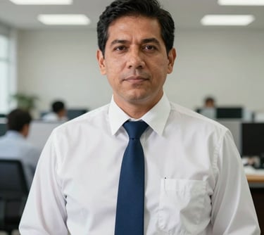 Portrait of a professional man in a South American / Latin American office environment, wearing a white shirt with a navy blue tie, representing leadership and reliability in the pharma sector.