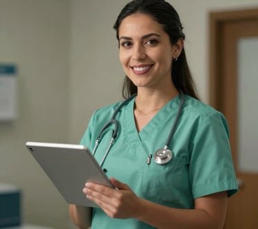 Portrait of a professional woman in a South American / Latin American healthcare setting, wearing a clean sage green medical uniform, holding a tablet and smiling professionally.