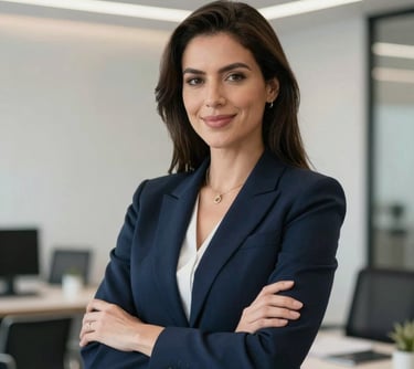 Portrait of a professional woman in a modern South American / Latin American office, wearing a dark navy blue blazer, looking confident and smiling with a clean medical setting in the background.