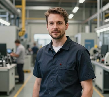 Portrait of a male manufacturing lead in a modern German production facility. He is wearing professional attire, exuding expertise and precision. Central European setting, clean lighting.