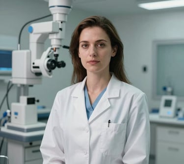 Portrait of a female clinical advisor in a modern medical setting, looking professional and approachable. Central European context, background with high-end clinical equipment.