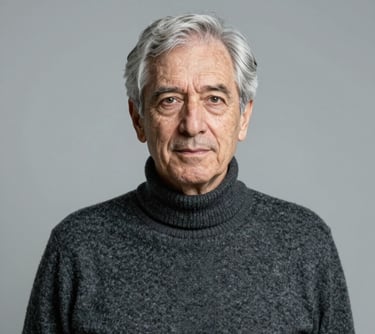 Portrait of a senior German engineer with grey hair, wearing a high-quality charcoal sweater, symbolizing decades of experience and trust in technology. Clean, minimalist studio lighting.