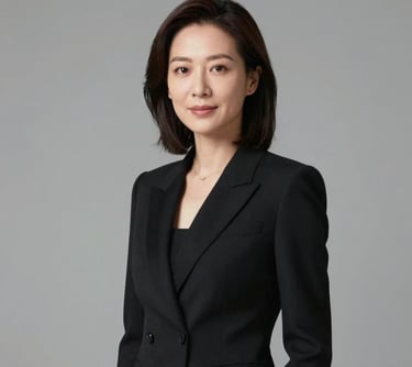 Portrait of a sophisticated female executive in a minimalist black outfit, representing the leadership of a luxury German beauty tech company. Soft, diffused lighting, grey background.