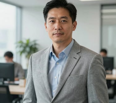 A professional portrait of a male safety specialist in a bright North American office, wearing a light gray blazer, looking trustworthy and professional.