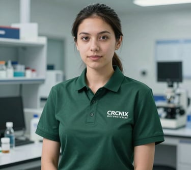 A professional portrait of a female engineer wearing a dark green tech-branded polo shirt, standing in a clean North American lab environment with soft lighting.